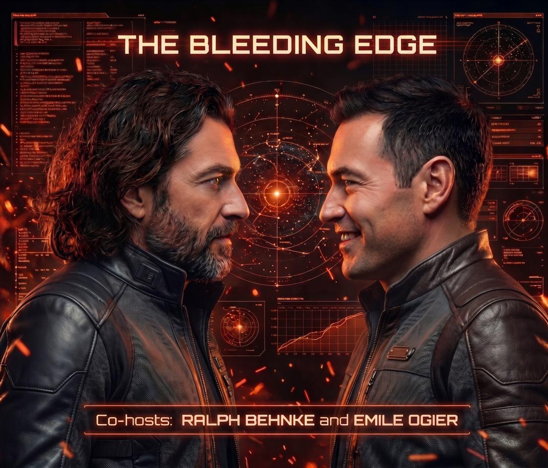 Sci-fi action poster — Ralph and Emile in leather jackets surrounded by holographic data overlays