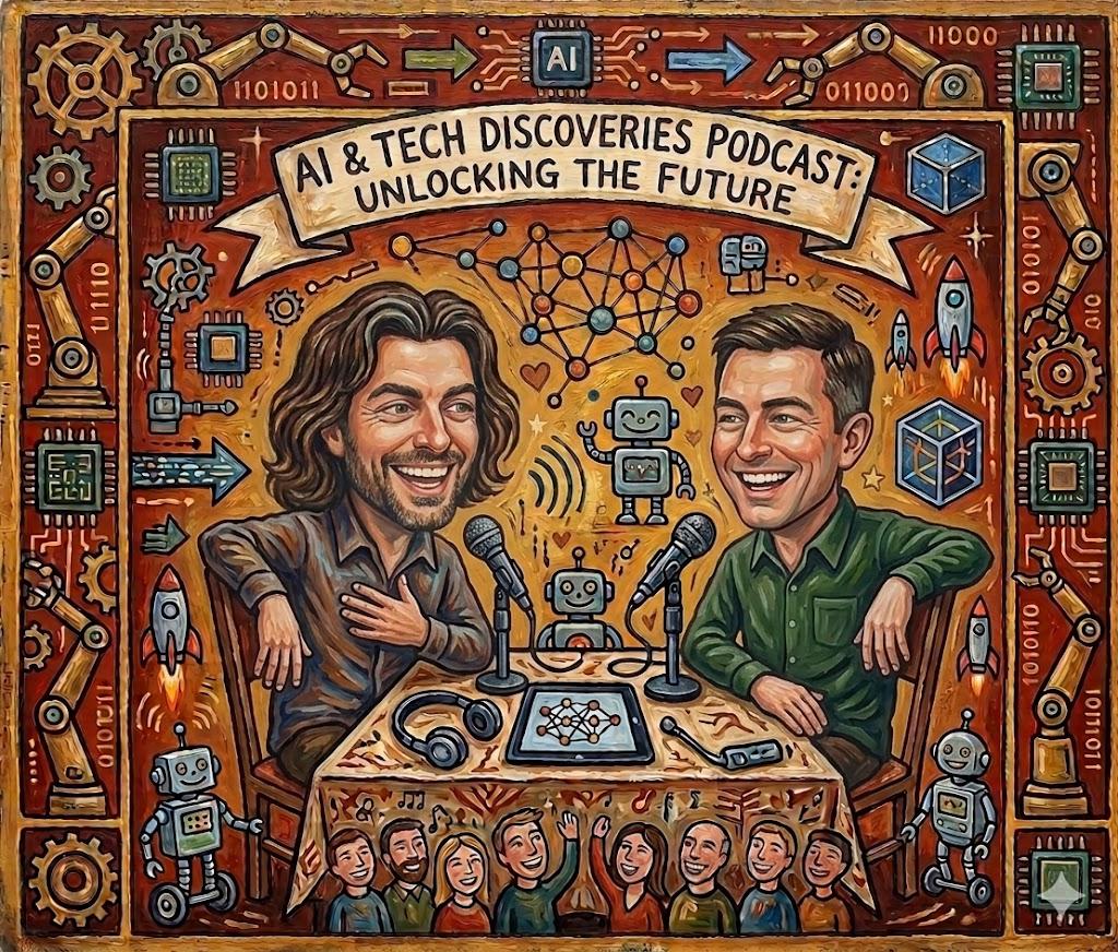Wholesome folk-art illustration — cartoon Ralph and Emile recording their podcast at a friendly table